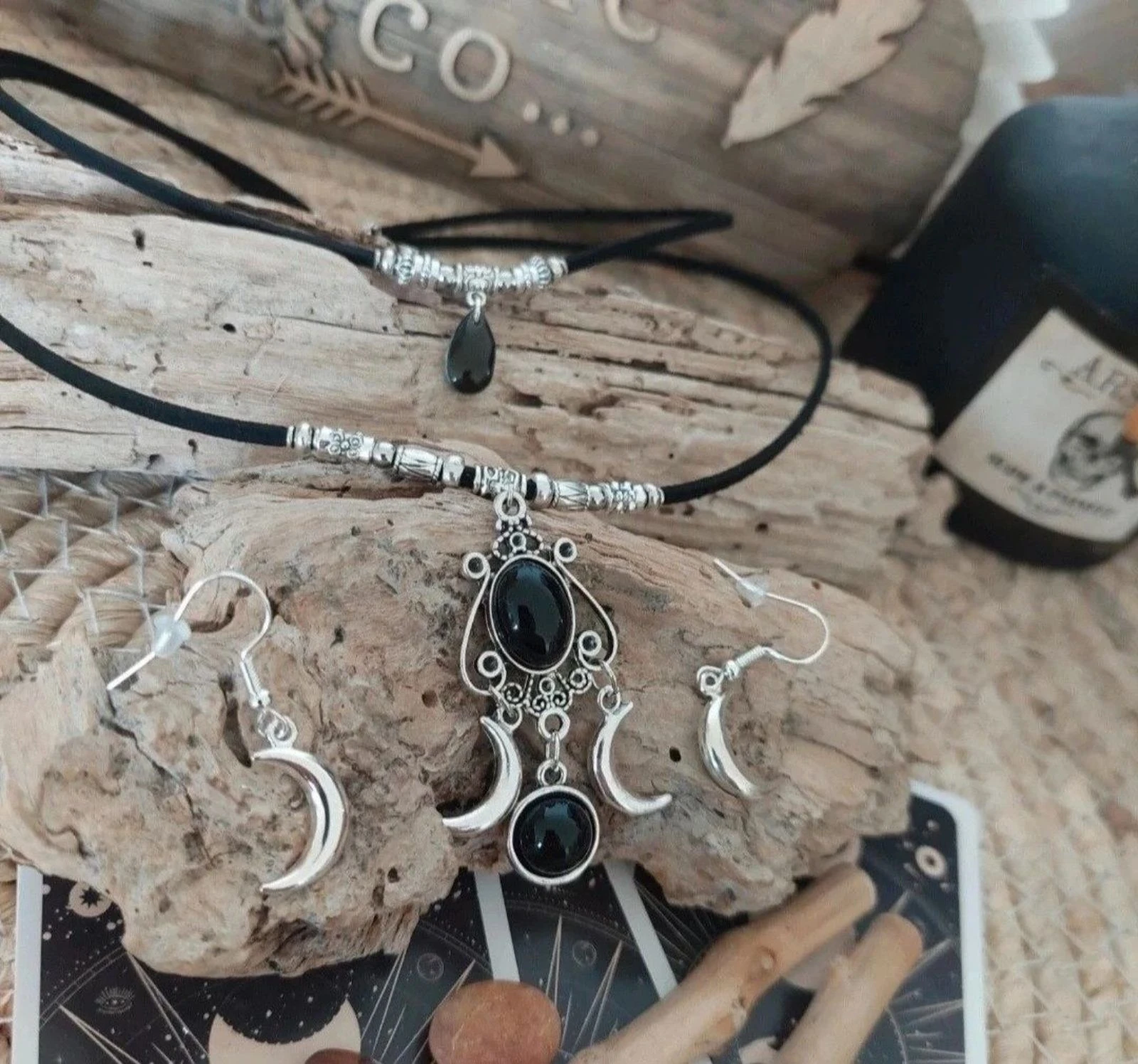 Parure boho mystique doublerangs triple lune obsidiana, preto – photo 3